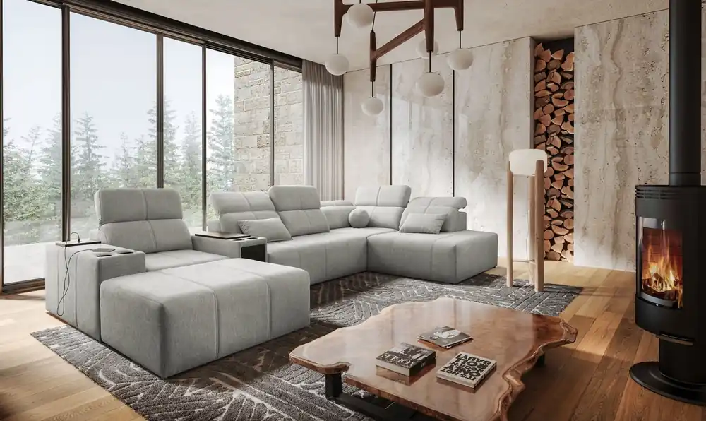 Ecksofa mit Schlaffunktion Tesalia V grau Esche links bequemes Ecksofa mit Schublade und Schiebefunktion der Rückenlehne Bestpreis