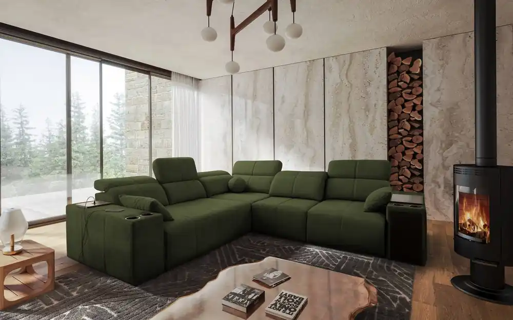 Preis Gesenkt Ecksofa mit Schlaffunktion Tesalia III grün rechts Komfort-Ecksofa mit verschiebbarer Rückenlehne zwei Container für Bettzeug