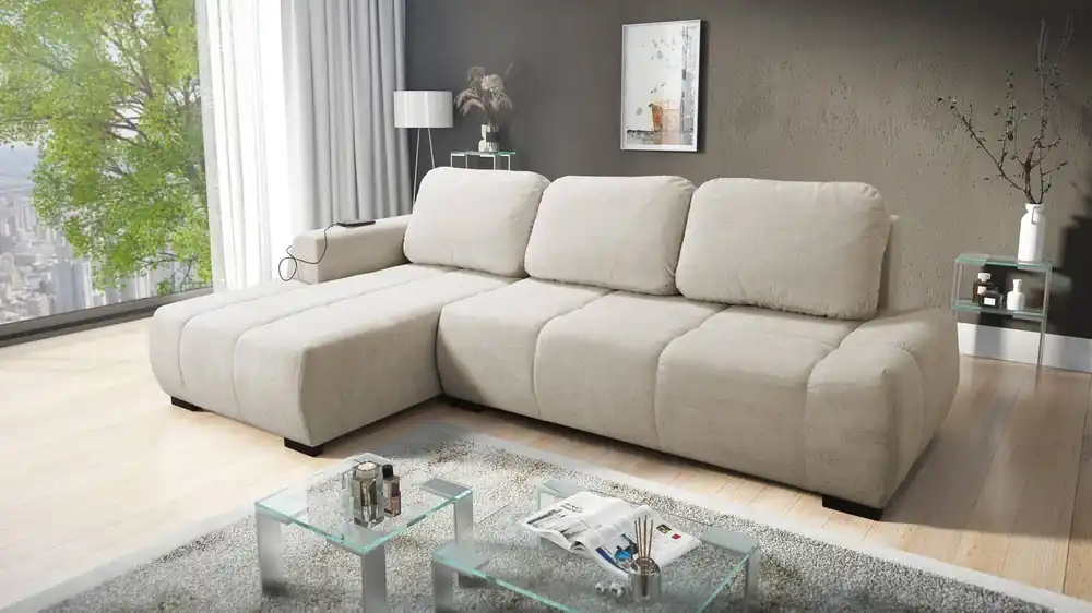 Bestseller Ecksofa mit Schlaffunktion Gentle hellbeige linke Seite stilvolles Design Ecksofa-Bett zeichnet sich durch seine abgerundete Form aus