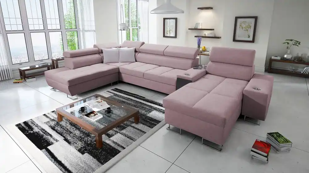 Billig Ecksofa mit Schlaffunktion Dafni V lavendelrosa rechts geflochtenes bequemes Ecksofa mit verstellbaren Kopfstützen