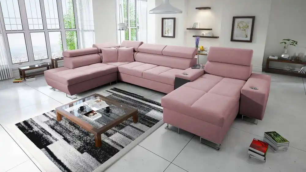 Ecksofa mit Schlaffunktion Dafni V Indisch Rosa Rechtshänder Samt komfortables und bequemes Ecksofa mit verstellbaren Kopfstützen Mega-Angebot