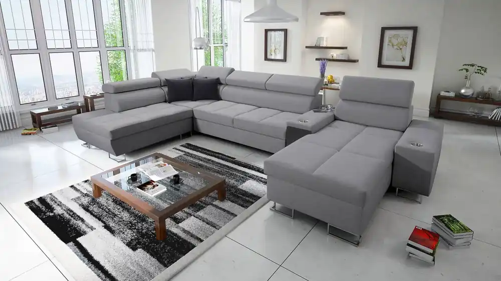 Ecksofa mit Schlaffunktion Dafni V grau rechtsgeflochtenes bequemes Ecksofa mit verstellbaren Kopfstützen Preisknaller