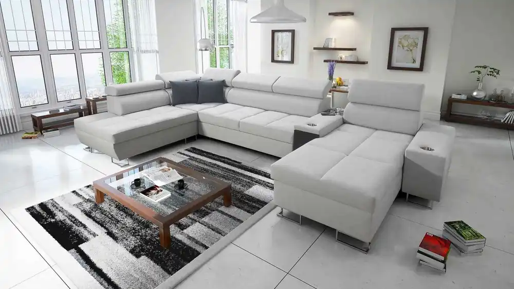 Ecksofa mit Schlaffunktion Dafni V grau Esche rechts Samt komfortables und bequemes Ecksofa mit verstellbaren Kopfstützen Zertifiziert