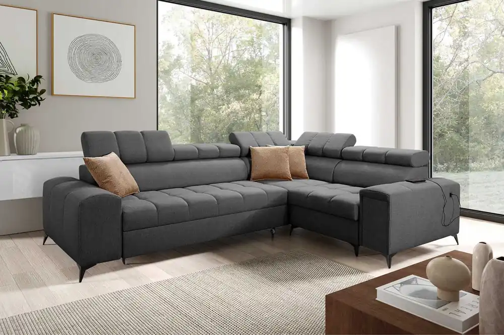 Ecksofa mit Schlaffunktion Bolmso II graphit rechts Ecksofa mit Bettzeugcontainer Schublade mit Vollauszug in der Seite des Möbels Preisknaller