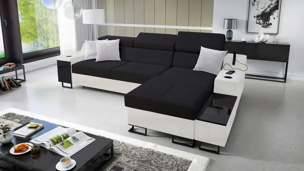 Schneller Versand Ecksofa mit Schlaffunktion Alcamo schwarz/weiß rechts elegantes Ecksofa mit einer ausziehbaren praktischen Schublade an der Seite des Möbels