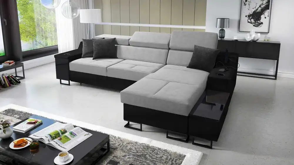 Ecksofa mit Schlaffunktion Alcamo grau/schwarz rechts elegantes und stilvolles Ecksofa mit einer ausziehbaren praktischen Schublade an der Seite des Möbels Bestseller