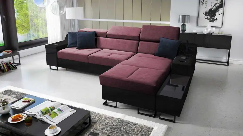 Saisonangebot Ecksofa mit Schlaffunktion Alcamo burgunderrot/schwarz rechte Ecke stilvolles Ecksofa mit einer praktischen Schublade in der Seite des Möbels