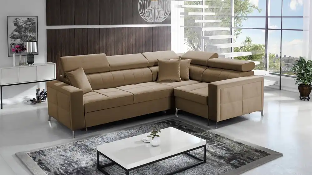 Nausa II Ecksofa mit Schlaffunktion hellbraun rechtsseitig Samt Ziernähte auf der Sitzfläche Ecksofa mit Bettzeugcontainer Neu Im Sortiment