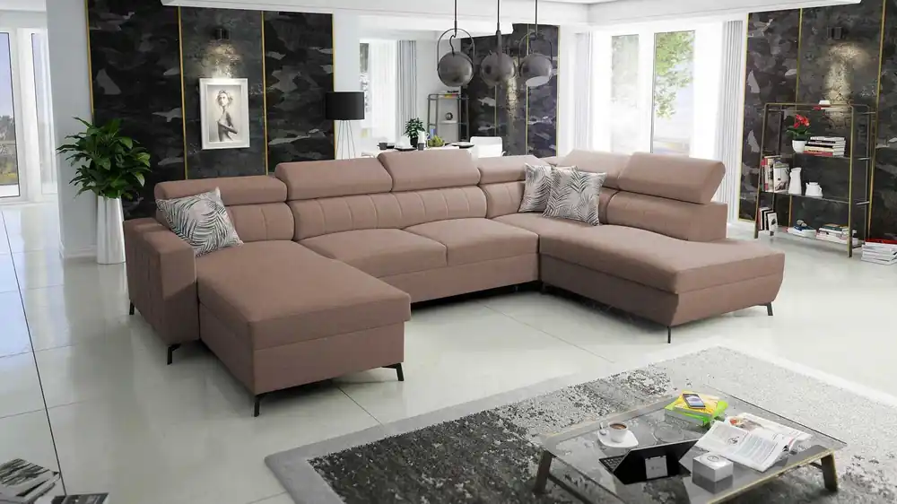 Ecksofa mit Schlaffunktion Savona VI hellbraun links elegantes und bequemes Ecksofa für Wohnzimmer mit zwei Bettkästen Letzte Chance