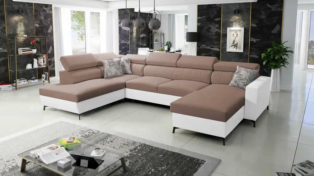 Ecksofa mit Schlaffunktion Savona VI hellbraun / weiß rechts bequemes Ecksofa für das Wohnzimmer mit zwei Bettkästen Super-Preis