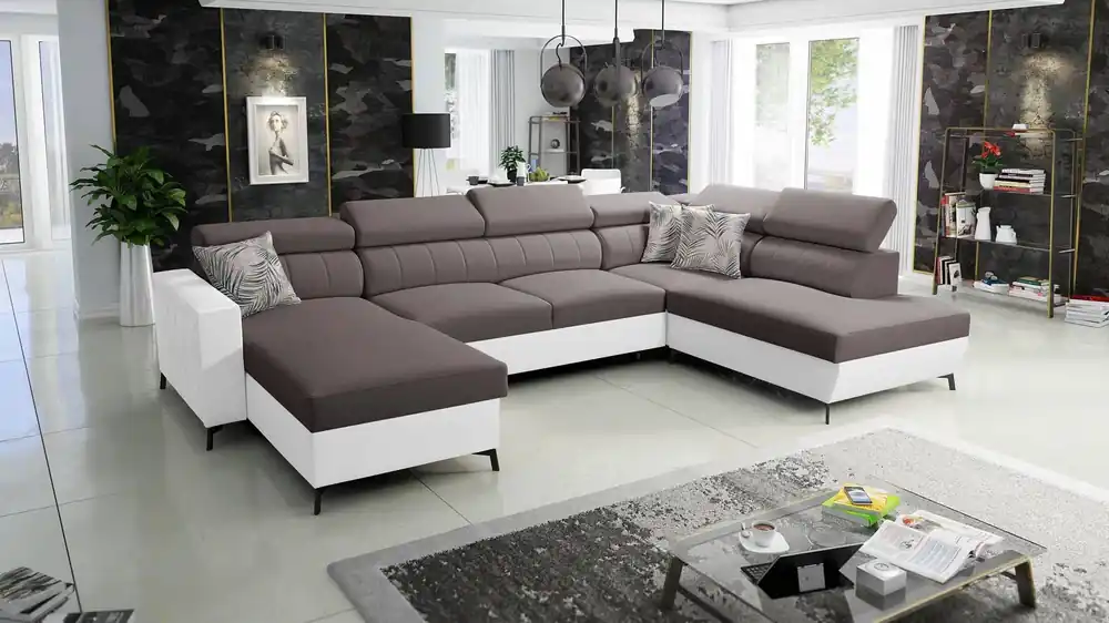 Ecksofa mit Schlaffunktion Savona VI braun/weiß links elegantes und bequemes Ecksofa für Wohnzimmer zwei Container für Bettzeug Abverkauf