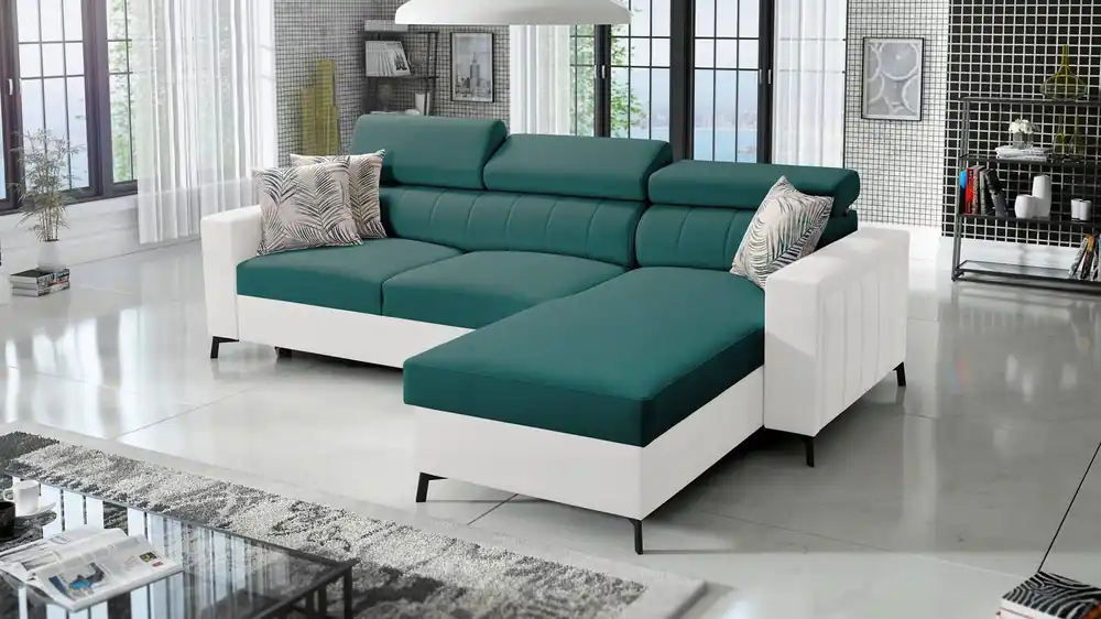 Kracherpreis Ecksofa mit Schlaffunktion Savona türkis / weiß rechts elegantes Ecksofa mit verstellbaren Kopfstützen Ziernähte