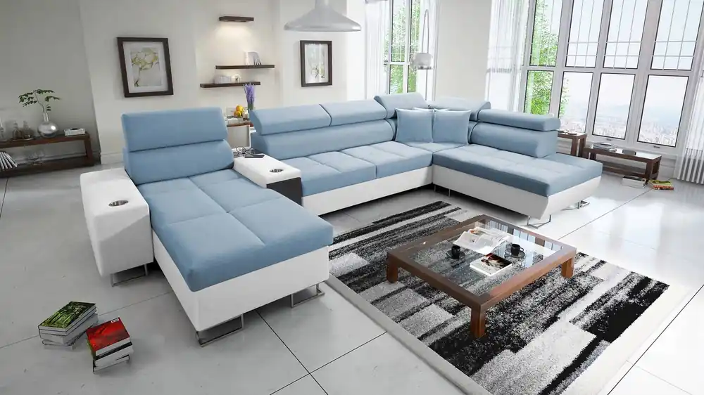 Abverkauf Ecksofa mit Schlaffunktion Dafni V blau weiß links Samt komfortables und bequemes Ecksofa mit verstellbaren Kopfstützen