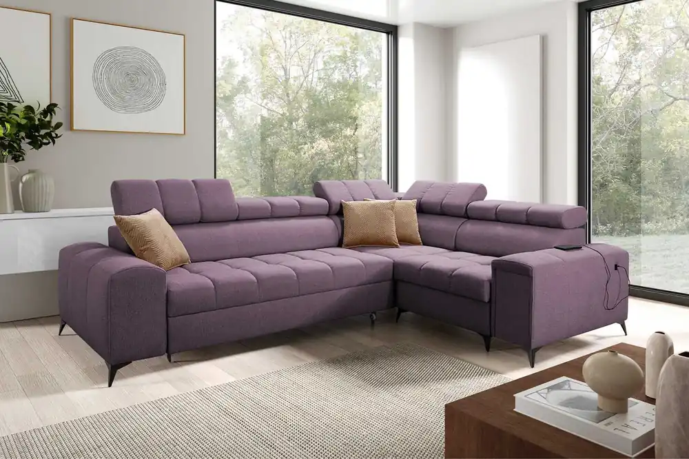 Sonderaktion Ecksofa mit Schlaffunktion Bolmso II violett rechts Ecksofa mit Bettzeugcontainer Vollauszug in der Seite des Möbels
