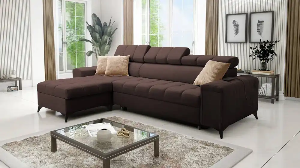Preiswert Ecksofa mit Schlaffunktion Bolmso braunes linkes Ecksofa mit zwei Bettkästen praktische Schublade in der Seite des Möbels