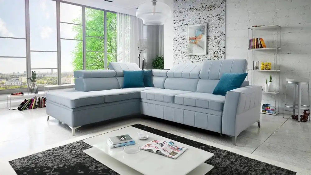 Ecksofa mit Schlaffunktion Rava III blaues Linkshändersamt komfortables Ecksofa mit verstellbaren Kopfstützen und Bettzeugcontainer Jetzt Bestellen