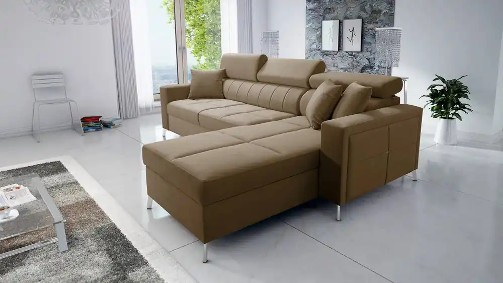 Ecksofa mit Schlaffunktion Nausa hellbraun rechts Samt stilvolles bequemes Ecksofa verstellbare Kopfstützen Bettzeug Container Aktuell
