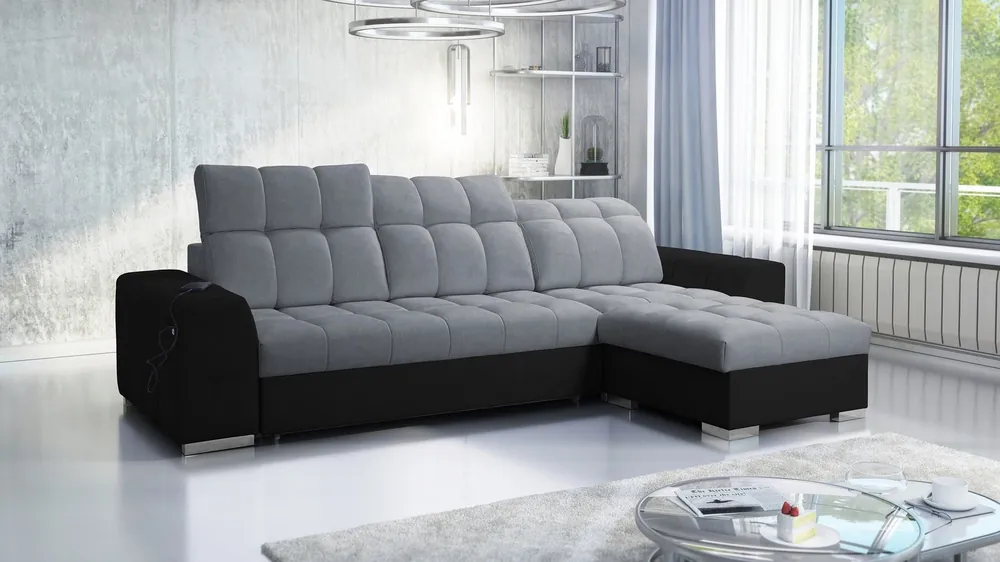 Begrenztes Angebot Ecksofa mit Schlaffunktion Luigi grau / schwarz rechtes Ecksofa mit zwei Bettkästen Stoff mit interessanter Struktur