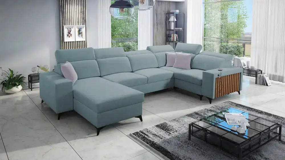 Bestseller Ecksofa mit Schlaffunktion Kelly IV arctic blue links geflochtenes bequemes Ecksofa verstellbare Kopfstützen seitlich mit Latten verkleidet