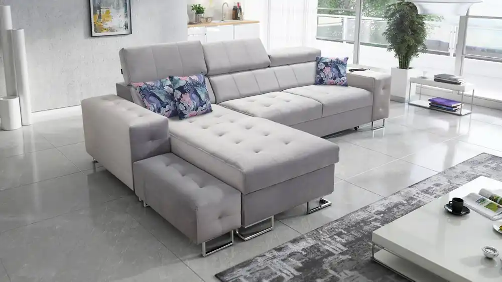 Ecksofa mit Schlaffunktion Hampton grau Esche links stilvolle Steppung auf der Sitzfläche weicher Polsterstoff Ecksofa mit Verlängerung Highlight
