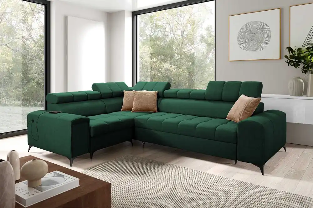 Ecksofa mit Schlaffunktion Bolmso II grün links Ecksofa mit Bettzeugcontainer Vollauszug in der Seite des Möbels Letzte Chance