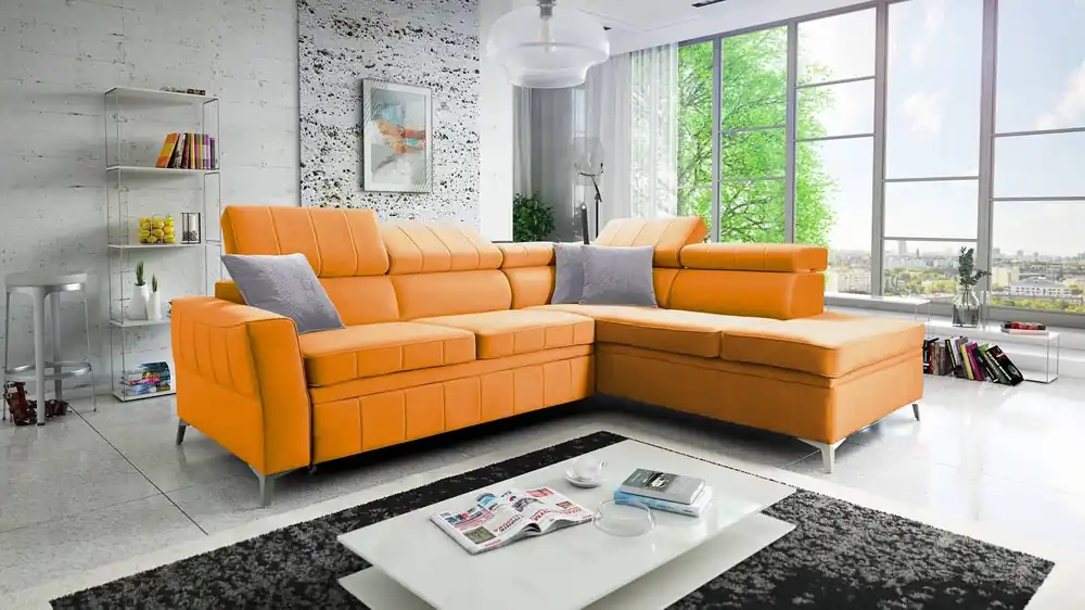 Ecksofa mit Schlaffunktion Rava III gelb rechts Samt komfortables Ecksofa mit verstellbaren Kopfstützen und Bettzeugcontainer Günstig