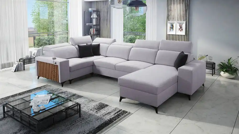 Kelly IV Ecksofa mit Schlaffunktion graue Esche rechts geflochten bequemes Ecksofa verstellbare Kopfstützen seitlich mit Lattenverkleidung Top-Seller