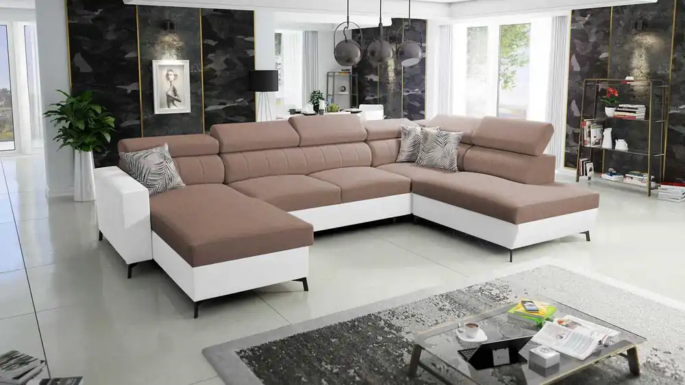 Ecksofa mit Schlaffunktion Savona VI hellbraun/weiß links bequemes Ecksofa für Wohnzimmer mit zwei Bettkästen Jetzt Kaufen