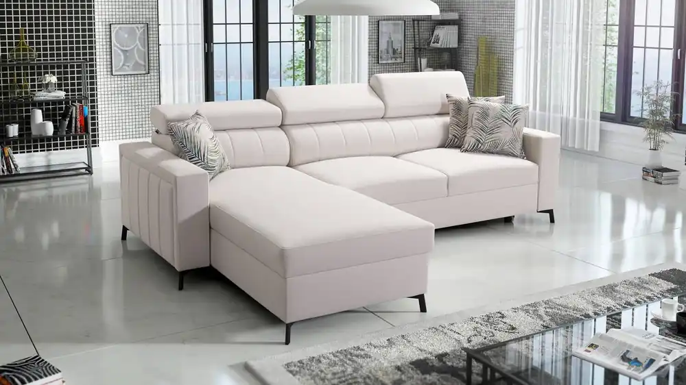 Kracherpreis Ecksofa mit Schlaffunktion Savona creme links komfortables und elegantes Ecksofa mit verstellbaren Kopfstützen Ziernähte