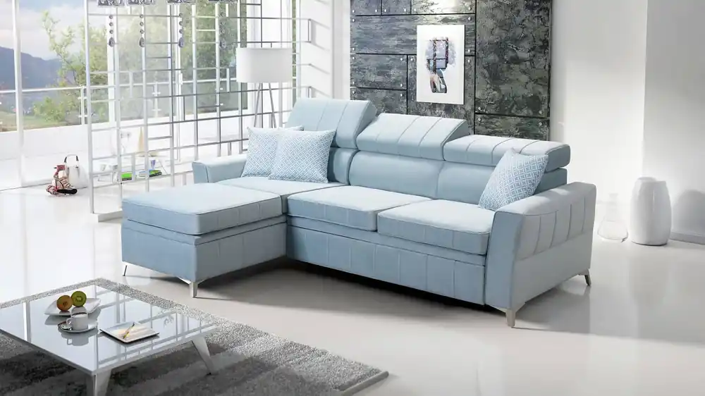 Direktkauf Ecksofa mit Schlaffunktion Rava blau links Samt komfortables und funktionelles Ecksofa mit verstellbaren Kopfstützen
