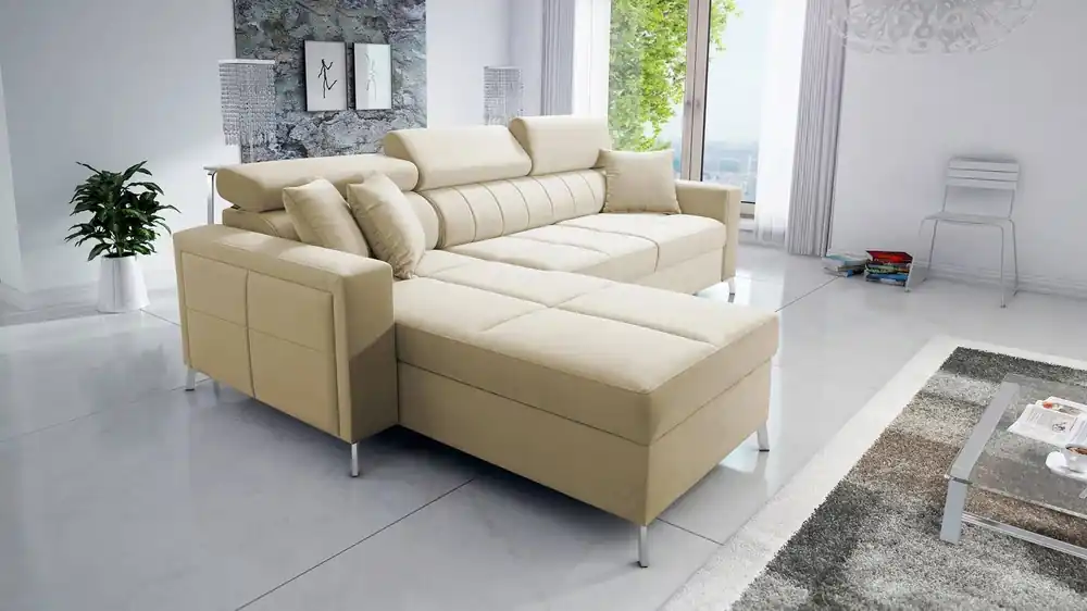 Beliebt Ecksofa mit Schlaffunktion Nausa beige Linkshänder Samt stilvolle komfortable Ecksofa verstellbare Kopfstützen Bettzeug Container