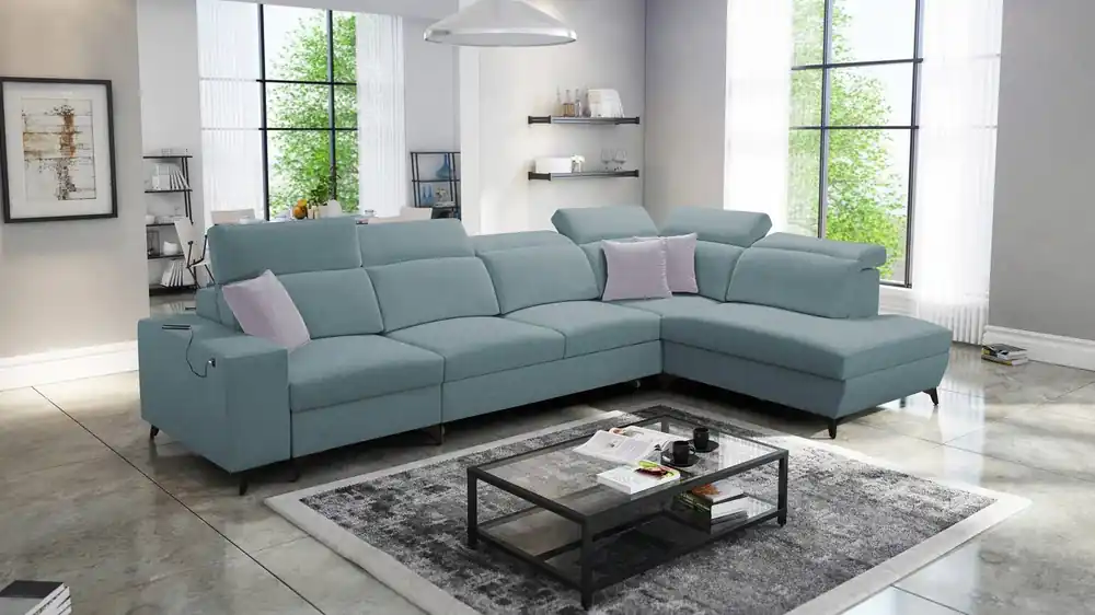 Highlight Ecksofa mit Schlaffunktion Kelly Sleek XI arctic blau rechts bequemes Ecksofa aus strapazierfähigem Webstoff