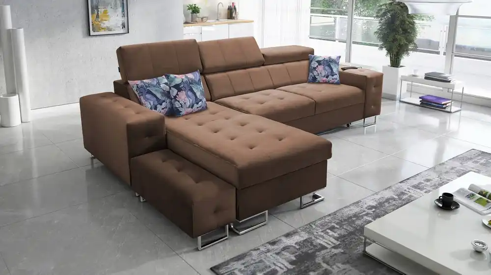 Ecksofa mit Schlaffunktion Hampton hellbraun linke Seite stilvolle Steppung auf dem Sitz weicher Polsterstoff Ecksofa mit Verlängerung Sonderaktion