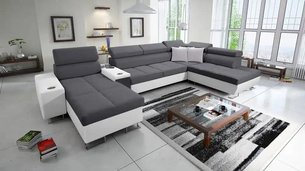Kracherpreis Ecksofa mit Schlaffunktion Dafni V graphitweiß linksgeflochtenes bequemes Ecksofa mit verstellbaren Kopfstützen