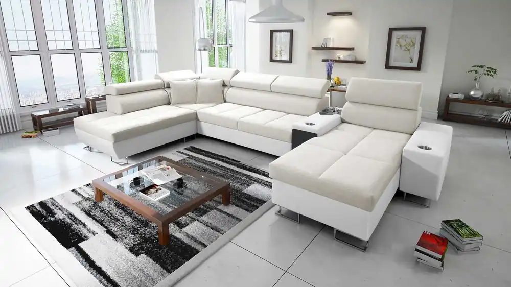 Neue Ware Ecksofa mit Schlaffunktion Dafni V elfenbein / weiß rechts Samt bequem und komfortabel Ecksofa mit verstellbaren Kopfstützen