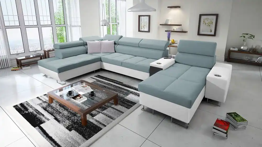 Kracherpreis Ecksofa mit Schlaffunktion Dafni V arktikblau/weiß rechtsseitig gewebt bequemes und praktisches Ecksofa mit verstellbaren Kopfstützen
