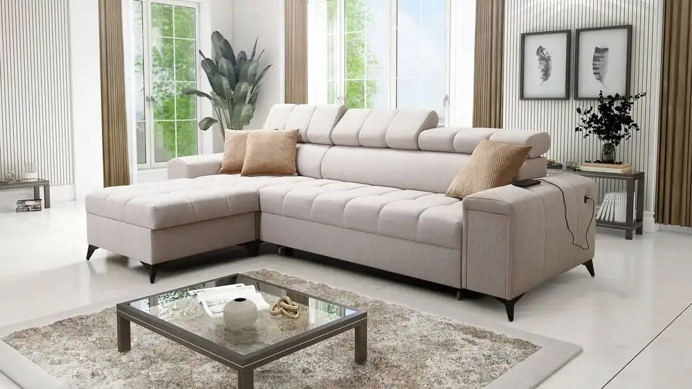Ecksofa mit Schlaffunktion Bolmso beige linkes Ecksofa mit zwei Bettkästen praktische Schublade in der Seite des Möbels Mega-Angebot
