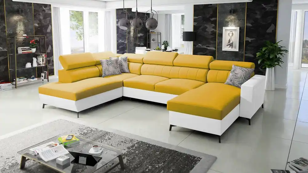 Ecksofa mit Schlaffunktion Savona VI gelb / weiß rechts elegantes und bequemes Ecksofa für das Wohnzimmer zwei Container für Bettzeug Nur Heute