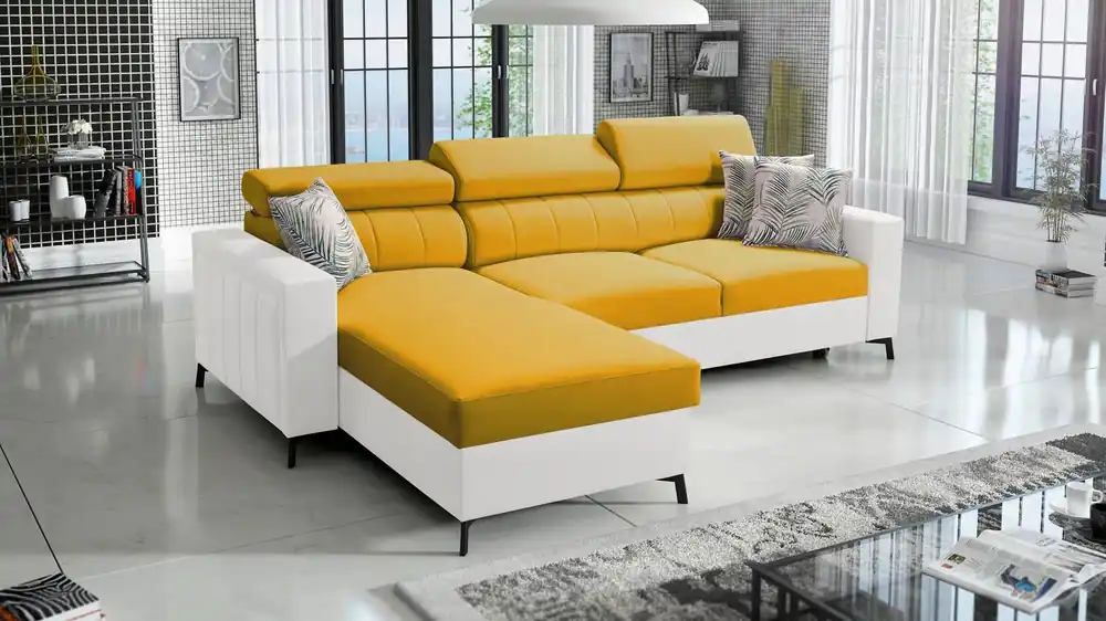Preisknaller Ecksofa mit Schlaffunktion Savona gelb/weiß links elegantes Ecksofa mit verstellbaren Kopfstützen Ziernähte