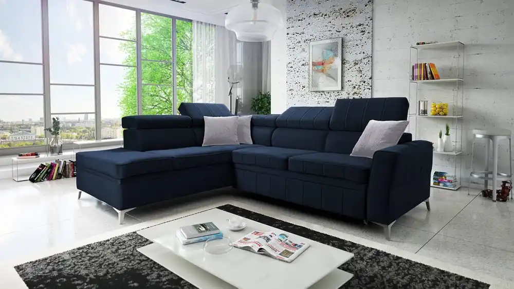 Sichere Zahlung Ecksofa mit Schlaffunktion Rava III marineblau links Samt komfortables Ecksofa mit verstellbaren Kopfstützen und einem Bettzeugbehälter