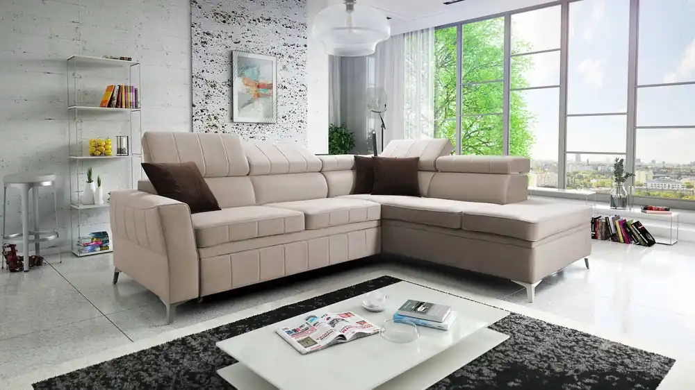 Markenprodukt Ecksofa mit Schlaffunktion Rava III hellbeige rechts Samt bequemes Ecksofa mit verstellbaren Kopfstützen und einem Bettzeugbehälter