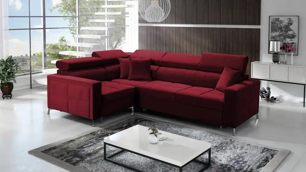Ecksofa mit Schlaffunktion Nausa II burgunderrot links Samt Ziernähte auf der Sitzfläche Ecksofa mit Bettkasten Super-Preis