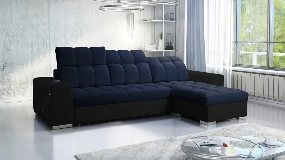 Mega-Angebot Ecksofa mit Schlaffunktion Luigi marineblau/schwarz rechtes Ecksofa mit zwei Bettkästen Stoff mit interessanter Struktur