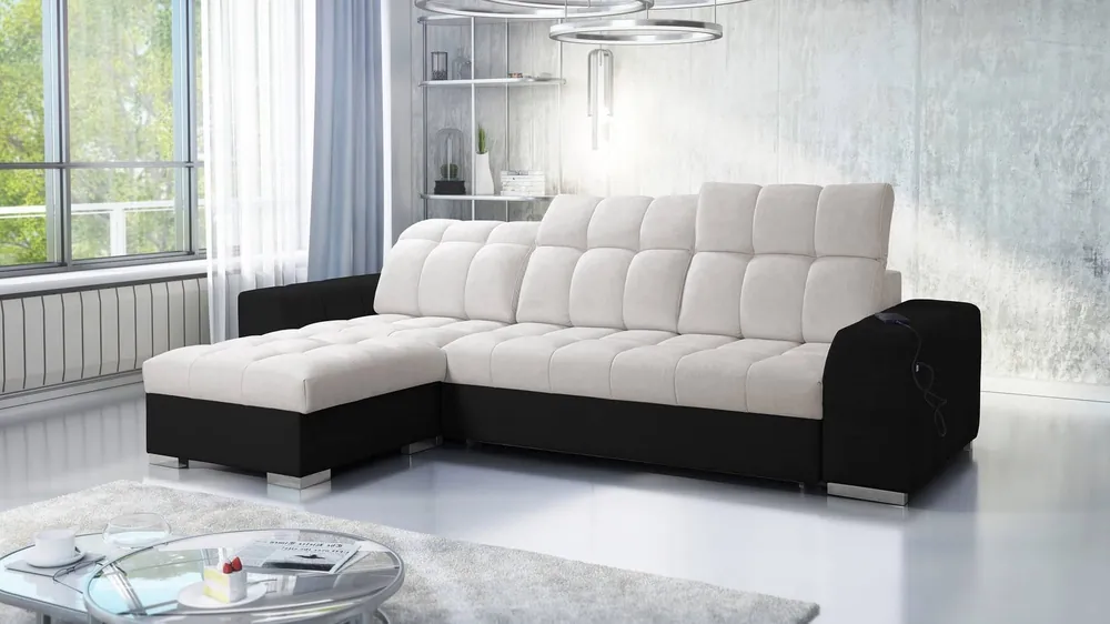 Must-Have Ecksofa mit Schlaffunktion Luigi hellbeige/schwarz links Ecksofa mit zwei Bettkästen Stoff mit einer interessanten Struktur