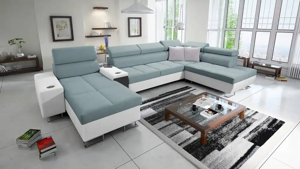 Neue Kollektion Ecksofa mit Schlaffunktion Dafni V arktikblau/weiß links geflochten bequemes und praktisches Ecksofa mit verstellbaren Kopfstützen