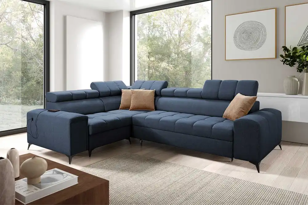 Direktkauf Ecksofa mit Schlaffunktion Bolmso II blau links Ecksofa mit Bettzeugcontainer Vollauszug in der Seite des Möbels