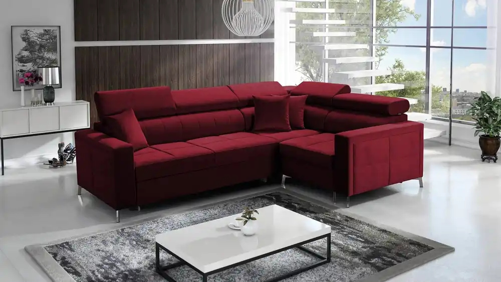 Nausa II Ecksofa mit Schlaffunktion kastanienbrauner Samt rechtes Ecksofa mit Ziernähten an der Sitzfläche Ecksofa mit Bettzeugfach Highlight
