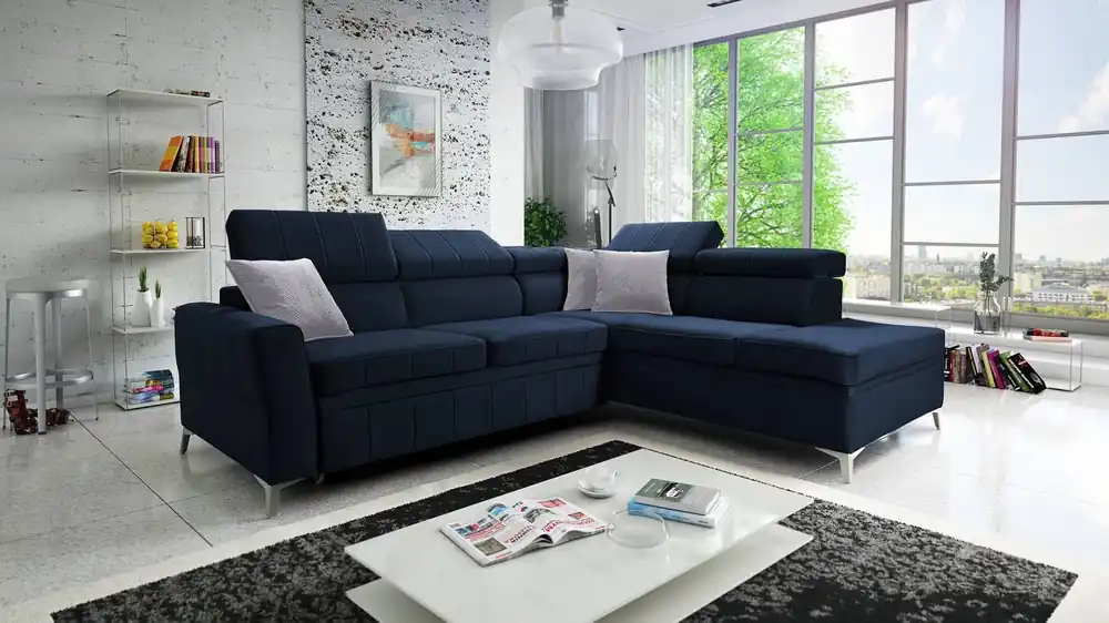Ecksofa mit Schlaffunktion Rechtsseitiges Ecksofa Rava III aus marineblauem Samt mit verstellbaren Kopfstützen und Bettzeugbehälter Echt