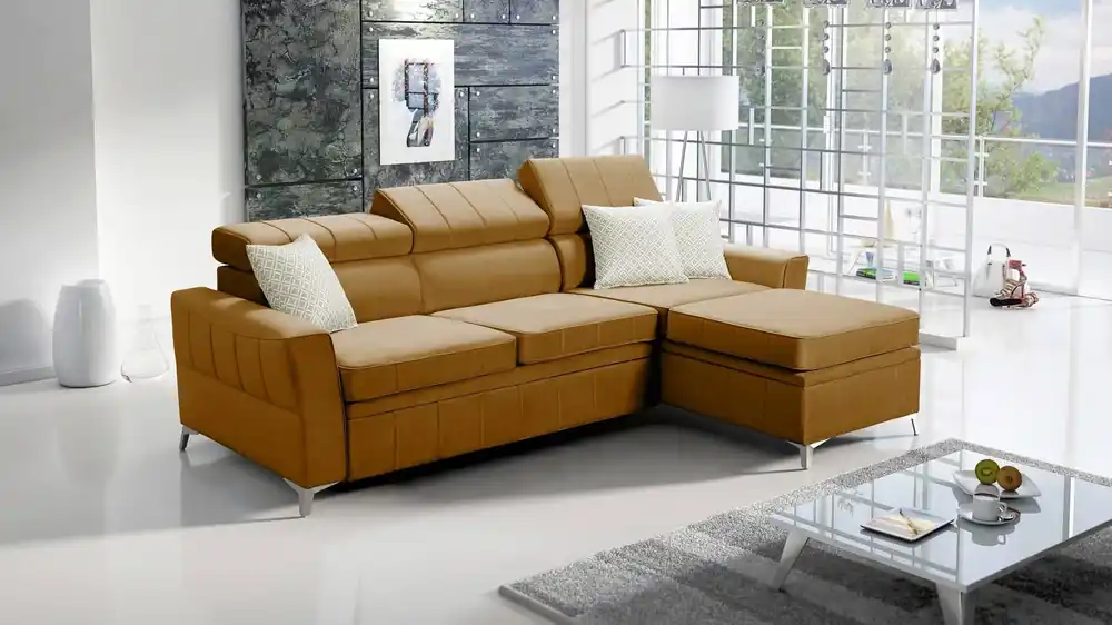 Ecksofa mit Schlaffunktion Rava honey rechts Samt komfortables und funktionelles Ecksofa mit verstellbaren Kopfstützen Super-Preis