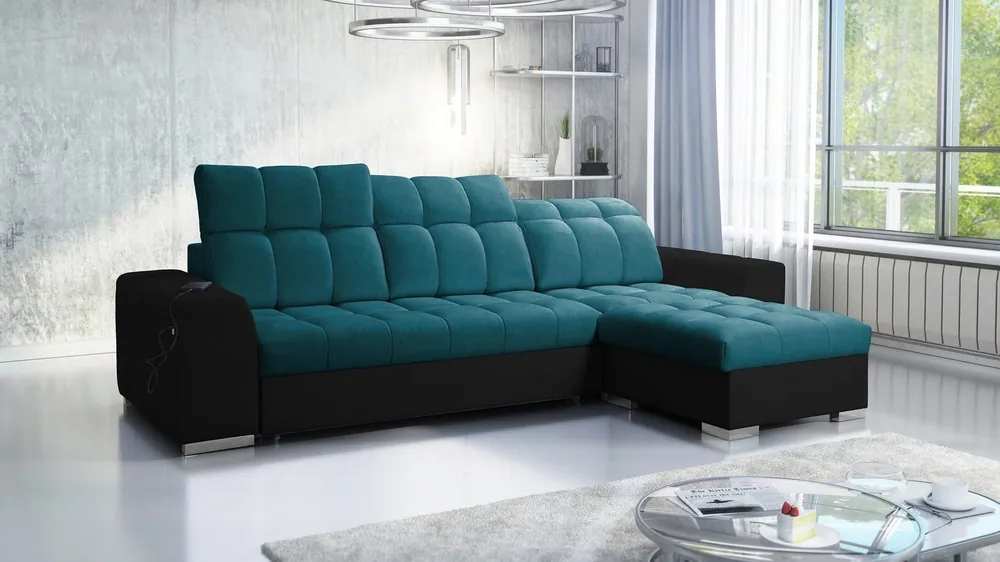 Top-Angebot Ecksofa mit Schlaffunktion Luigi türkis/schwarz rechtes Ecksofa mit zwei Bettkästen Stoff mit interessanter Struktur
